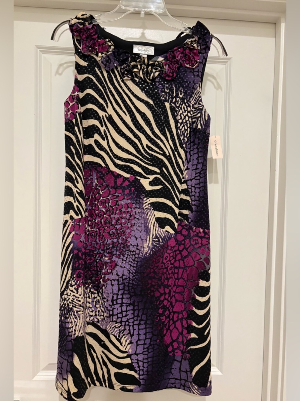 Sleeveless Animal Print Shift Dress in Black, Cream & Purple